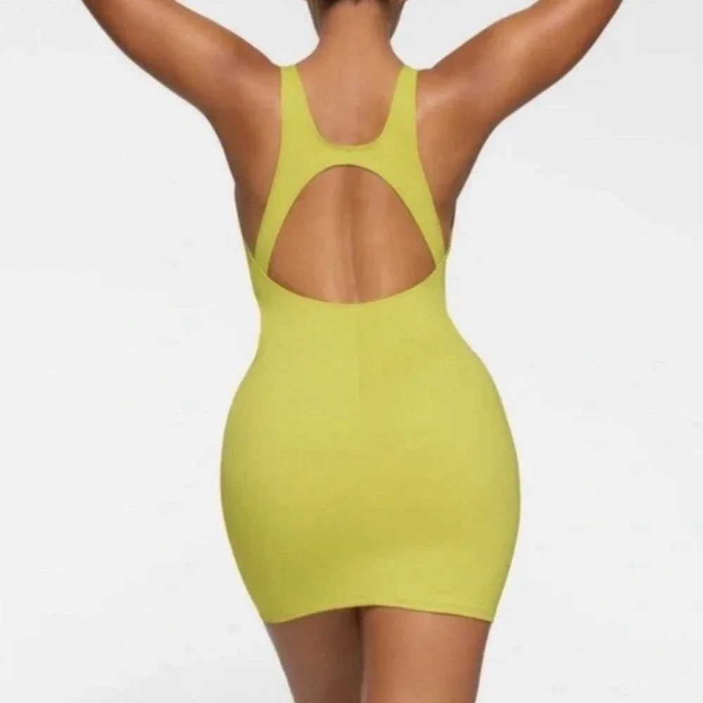 NWT SKIMS Recycled Swim Cut Out Tank Dress Citrus XS Yellow-Green Cover Up